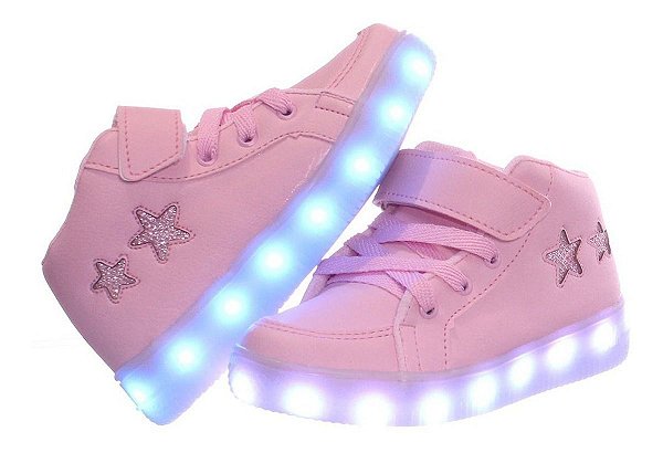 Tênis de Led infantil feminino recarregável rosa estrela