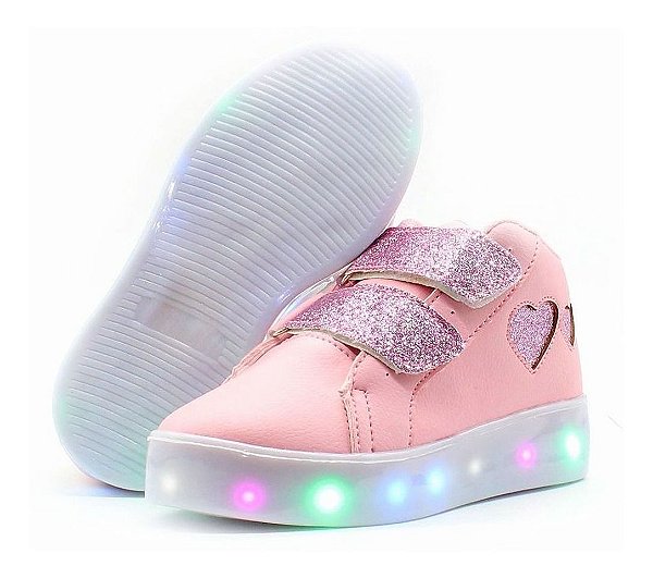 Tênis Bota botinha LED Luz Coração rosa glitter feminino