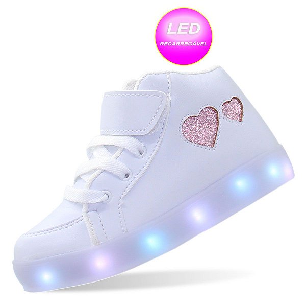 Tenis Led Recarregável infantil feminino coração glitter - Pemania Calcados  infantis