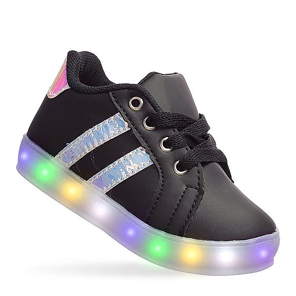 Tênis de Led Luz Preto Olografico infantil Feminino