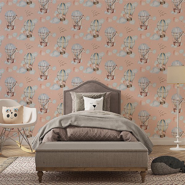 Papel de Parede Animais Fofos Coelho e Girafa no Balão