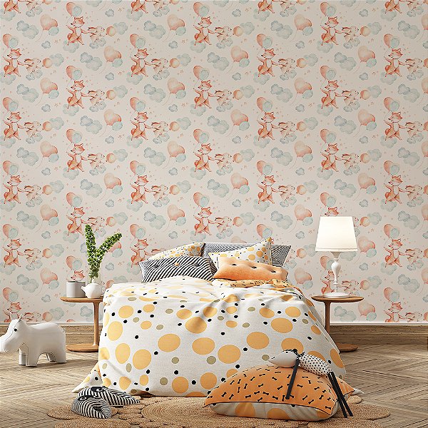 Papel de Parede Animais Fofos Raposa e Coelho nas Nuvens