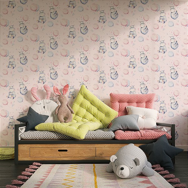 Papel de Parede Animais Fofos Hipopótamo e Balões