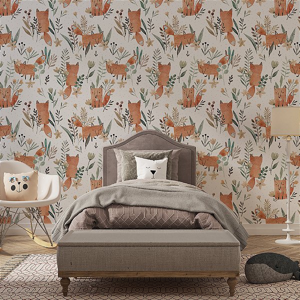 Papel de Parede Animais Fofos Raposas e Flores