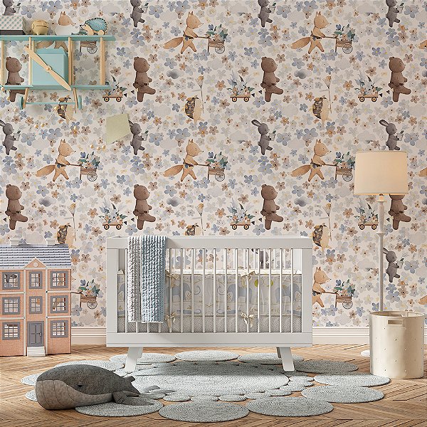 Papel de Parede Animais Fofos e Flores em Aquarela