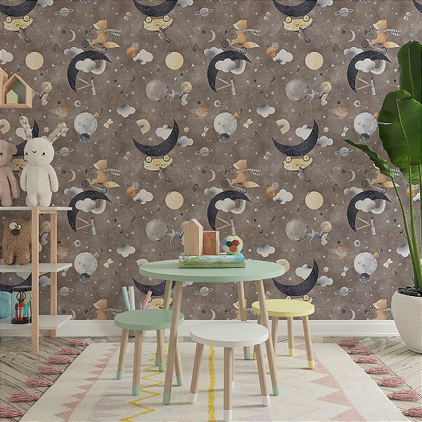 Papel de Parede Animais Fofos Raposa na Bicicleta e Coelho no Carro na Noite Estrelada