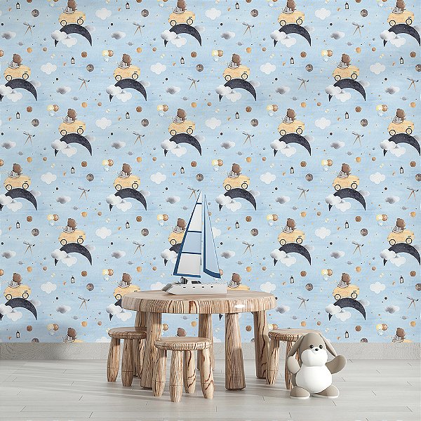 Papel de Parede Animais Fofos Urso de Carro no Céu Estrelado Azul