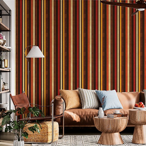 Papel de Parede Listrado nas Cores Marrom, Amarelo e Laranja