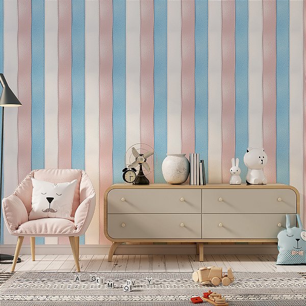 Papel de Parede Listrado Azul e Rosa