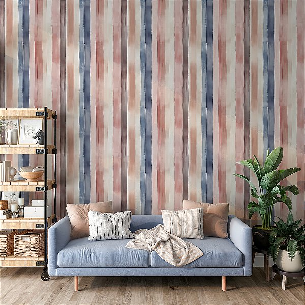 Papel de Parede Listrado Azul, Rosa e Marrom