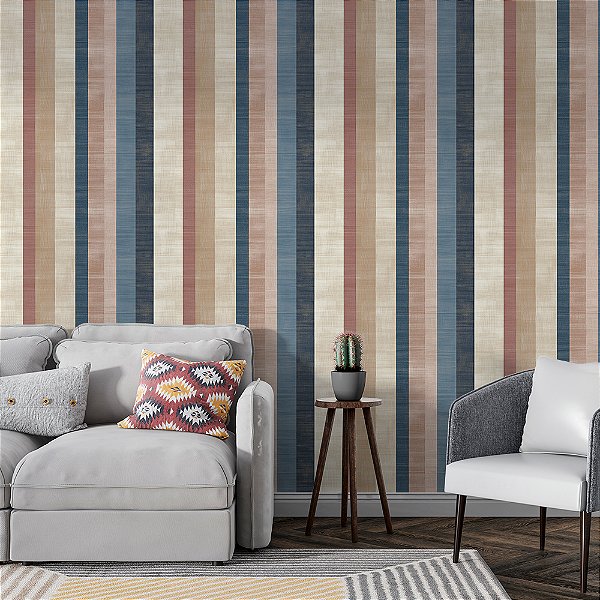 Papel de Parede Listrado Azul, Rosa e Amarelo