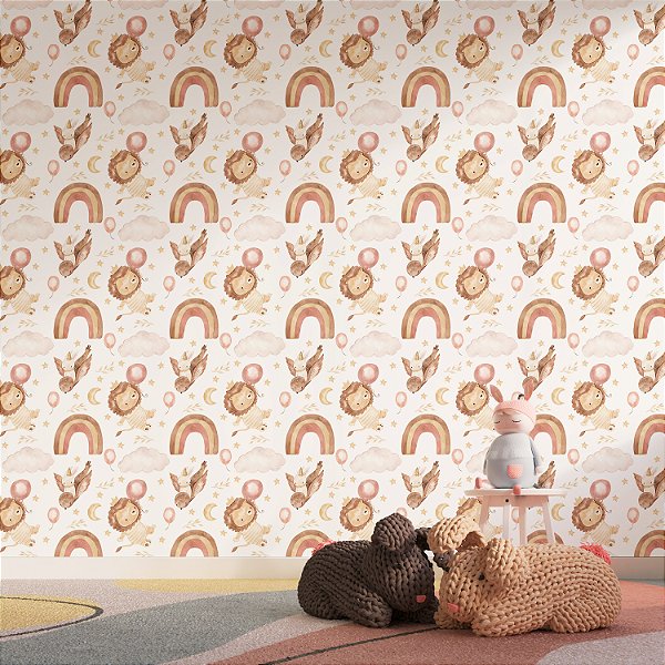 Papel de Parede Boho Kids Arco-íris, Leão e Coelho