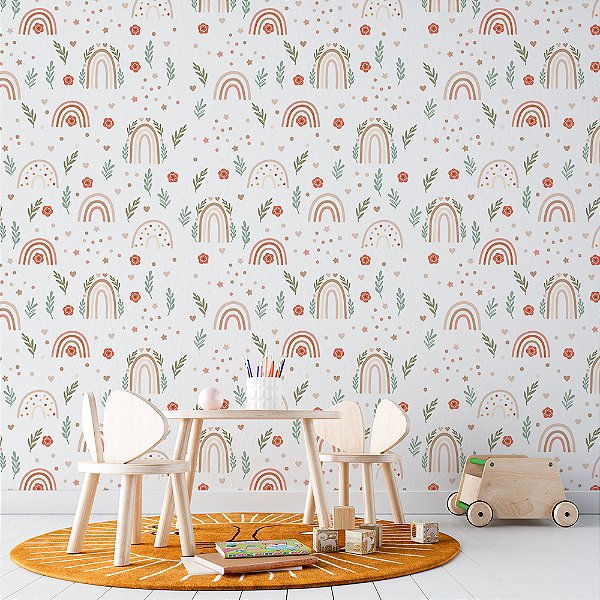 Papel de Parede Boho Kids Arco-íris, Folhas e Flores