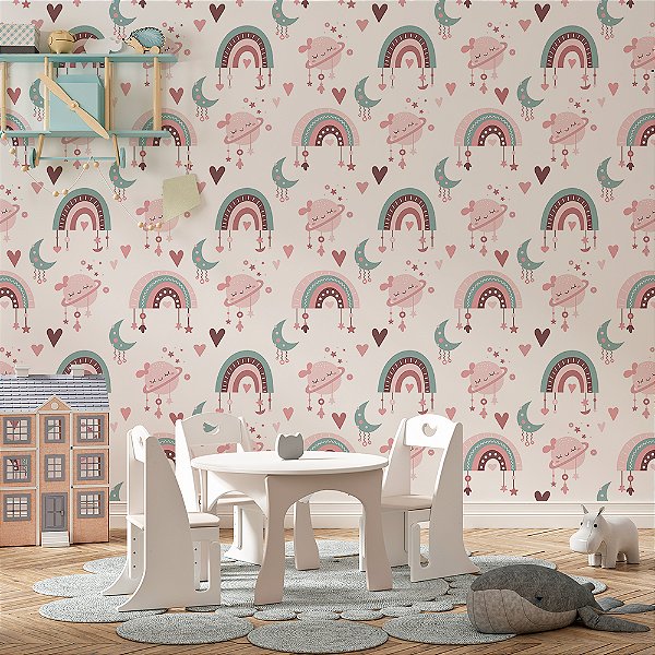Papel de Parede Boho Kids Arco-íris, Luas e Corações
