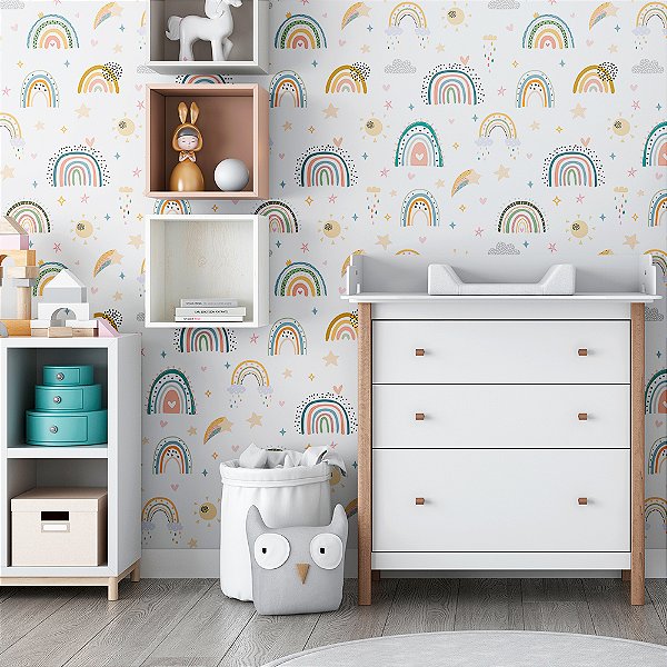 Papel de Parede Boho Kids Arco-íris, Estrelas e Sol