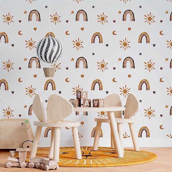 Papel de Parede Boho Kids Arco-íris, Sol e Lua