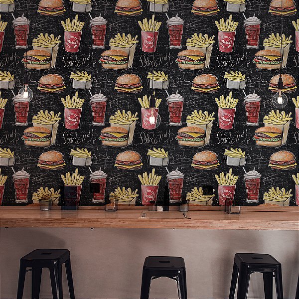 Papel de Parede Lanchonete Hambúrguer e Batata Frita