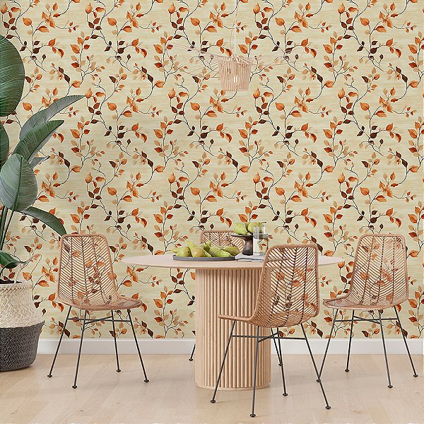 Papel de Parede Floral Folhas Laranjas e Fundo Amarelo