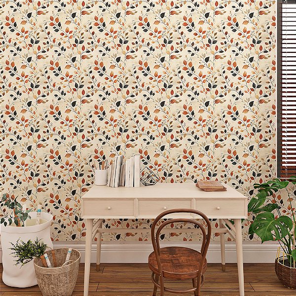 Papel de Parede Floral Folhas Vermelhas e Azul Escuro