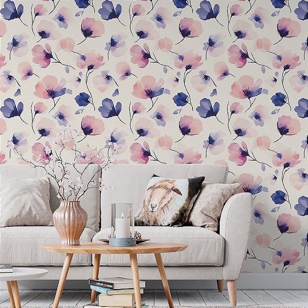 Papel de Parede Floral Flores Azul e Rosa
