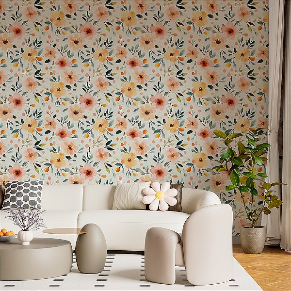 Papel de Parede Floral Flores Amarelas e Rosa