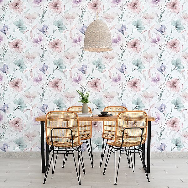 Papel de Parede Floral Flores Roxo, Azul e Verde