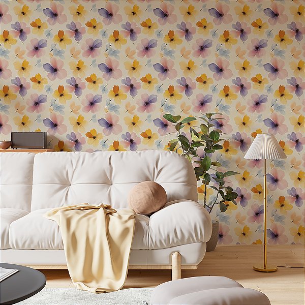 Papel de Parede Floral Flores Roxo, Amarelo e Rosa