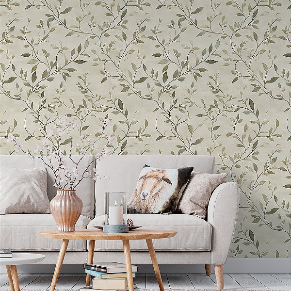 Papel de Parede Floral Ramos de Folhas Verdes no Fundo Verde