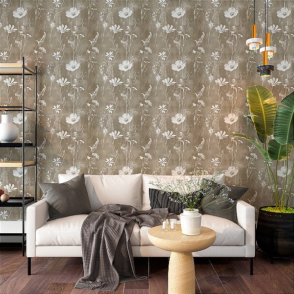 Papel de Parede Floral Folhas Brancas no Fundo Bege