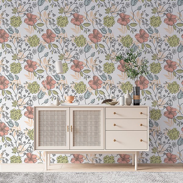 Papel de Parede Floral Flores Vermelhas e Azuis Desenhadas