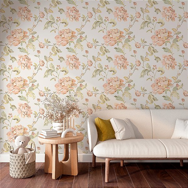 Papel de Parede Floral Flores Laranjas em Tons Pastéis