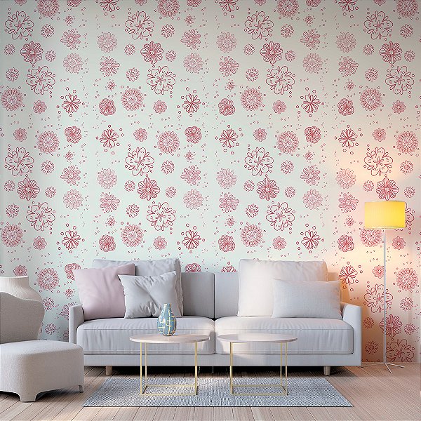 Papel de Parede Floral Desenhado Rosa Delicado