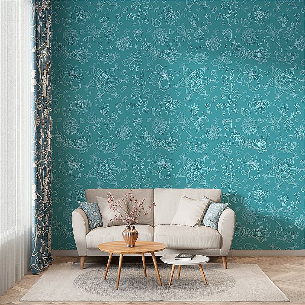 Papel de Parede Floral Desenhado Flores Brancas em Fundo Azul