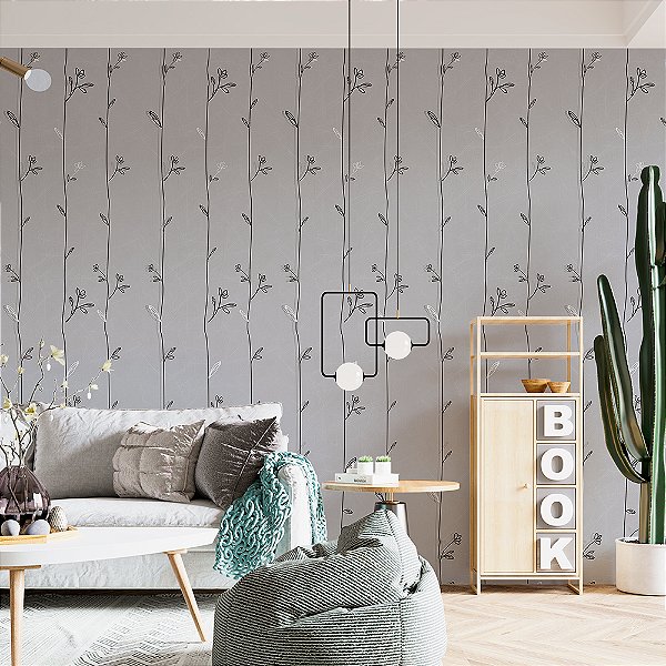 Papel de Parede Floral Ramas de Folhas Delicadas em Fundo Cinza