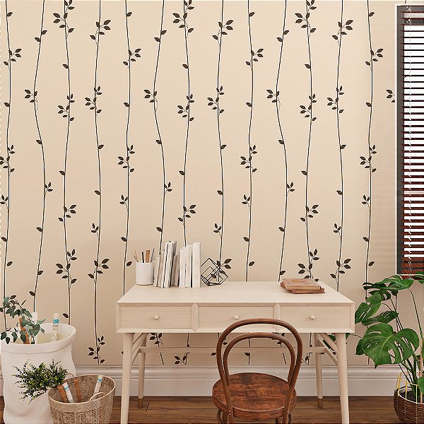 Papel de Parede Floral Ramas de Folhas Escuras em Fundo Bege