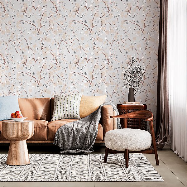 Papel de Parede Floral Ramas de Flores Delicadas em Tons Pastéis