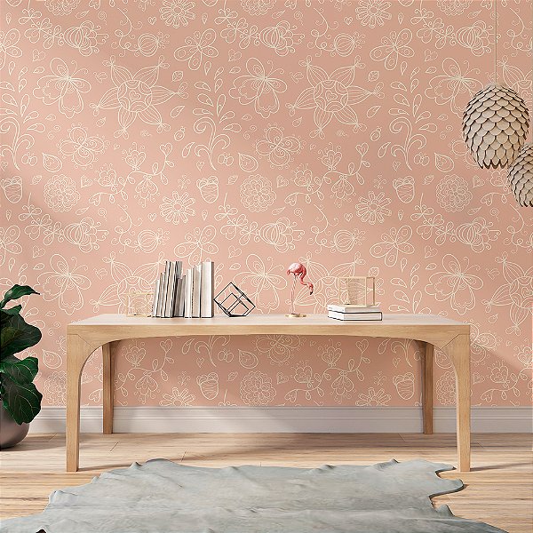 Papel de Parede Floral Desenhado Flores Brancas em Fundo Rosa Pastel