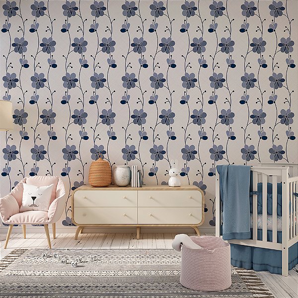 Papel de Parede Floral Ramas de Flores Azul
