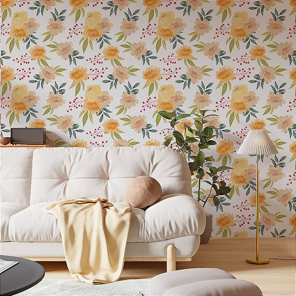 Papel de Parede Floral Ramas de Flores Laranjas