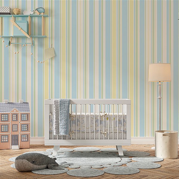 Papel de Parede Listrado Azul e Amarelo em Tons Pastéis