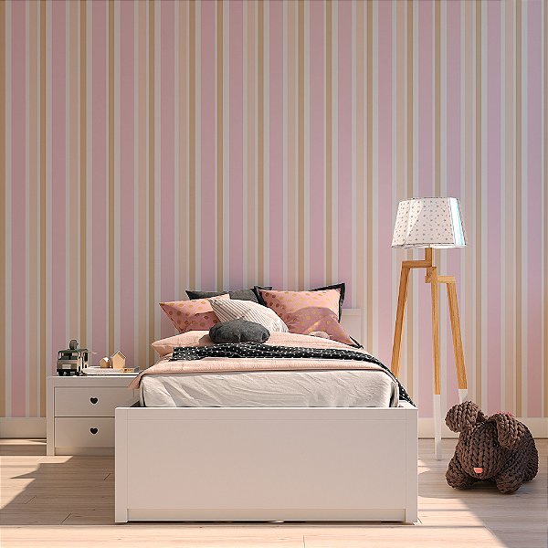 Papel de Parede Listrado Rosa e Bege em Tons Pastéis