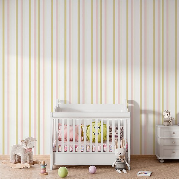 Papel de Parede Listrado Branco, Rosa e Bege em Tons Suaves