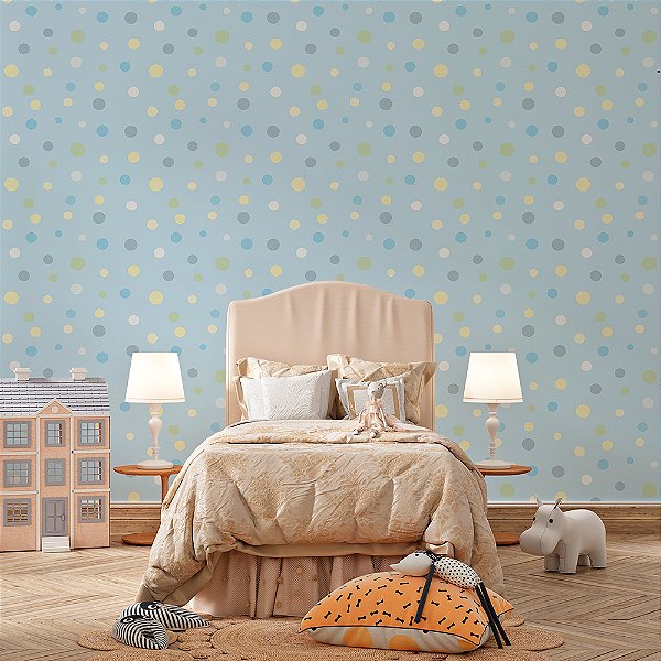 Papel de Parede Infantil Poá Bolinhas Amarelas em Fundo Azul