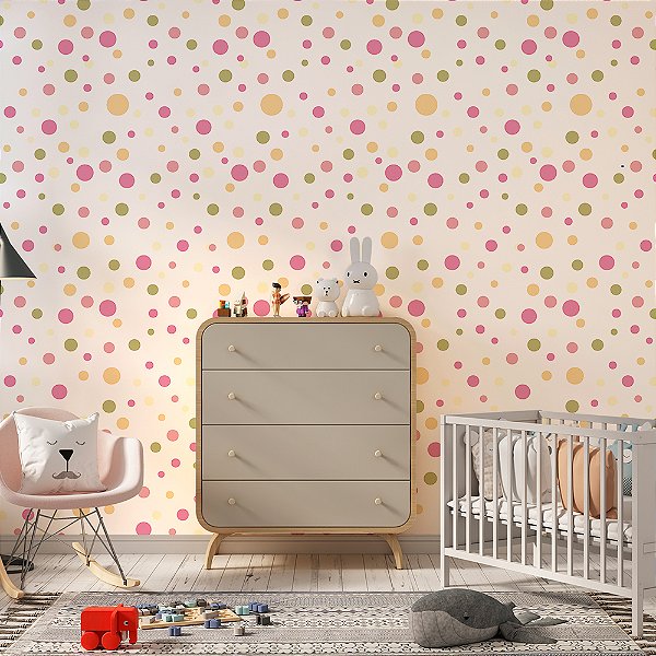 Papel de Parede Poá Bolinhas Rosa, Amarelo e Verde