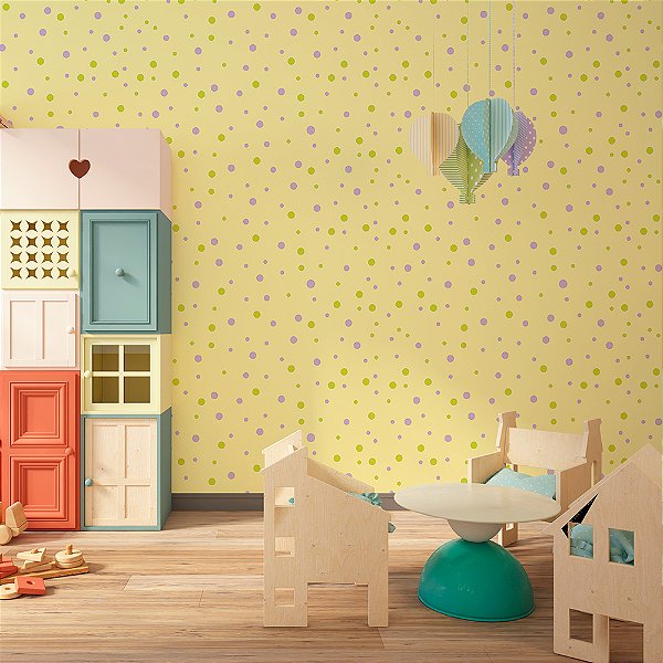 Papel de Parede Poá Bolinhas Verdes em Fundo Amarelo