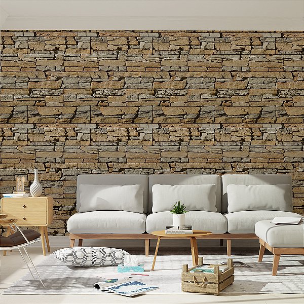 Papel de Parede Pedras Rústico Natural Bege e Cinza