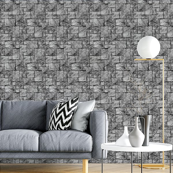 Papel de Parede Pedras Quadradas Mosaico Cinza