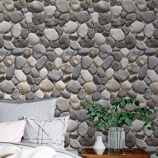 Papel de Parede Pedra de Rio Rústica Tons de Cinza
