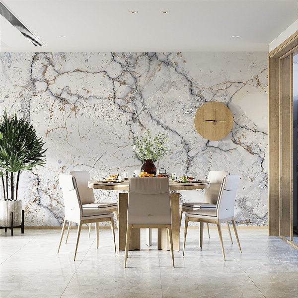 Papel de Parede Mármore Branco Veios Cinza Escuro e Ocre