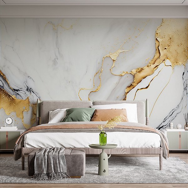 Papel de Parede Mármore Branco e Dourado Veios Pretos